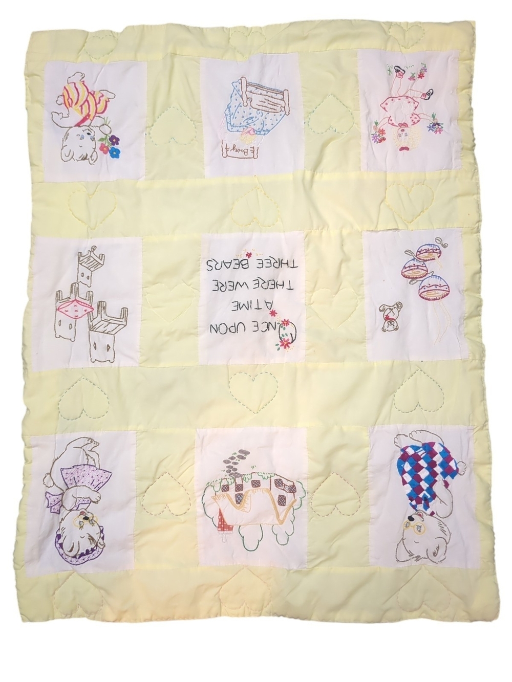 Vintage Handmade Baby Quilt Reversible Embroidered Three Bears Nursery Blanket